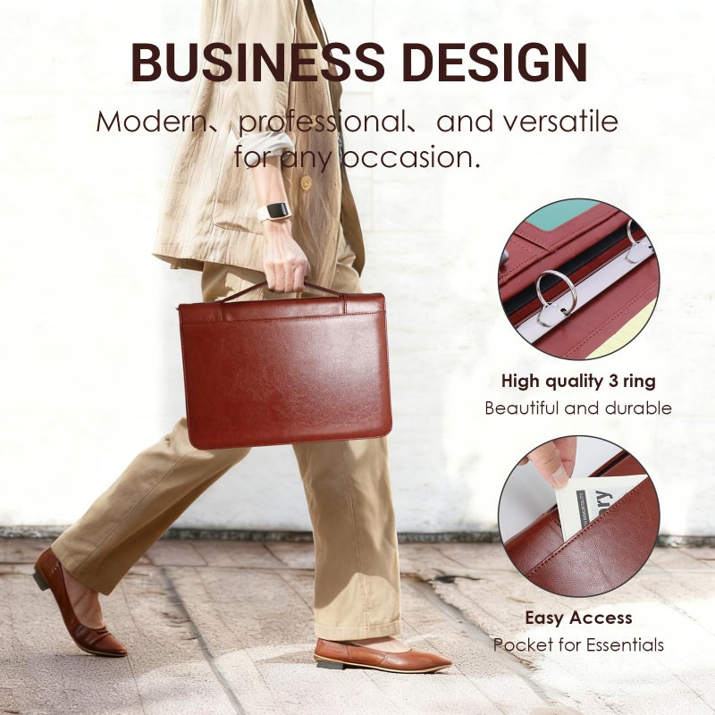 FORTAVEM Faux Leather Portfolio with Handle â€“ 3-Ring Padfolio Organizer for 13.9" Laptop/Tablet, A4 Legal Pad Holder, Multi-Pocket Business Folder for Work, Office & Meetings & Daily Commute (Brown) - Image 2