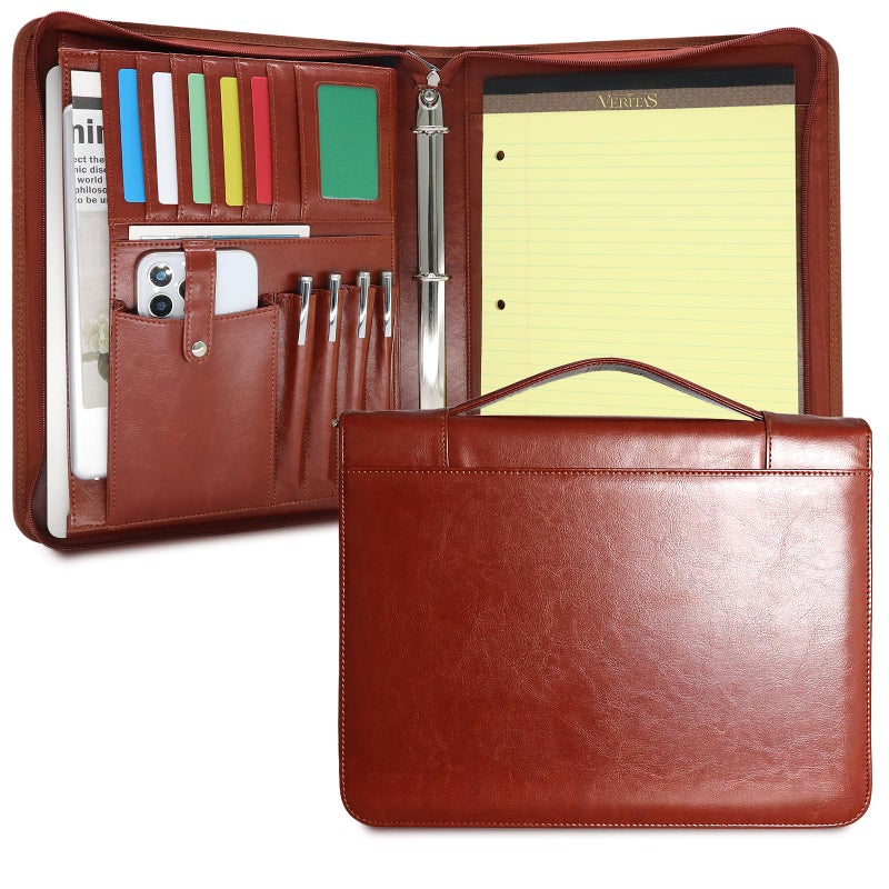 FORTAVEM Faux Leather Portfolio with Handle â€“ 3-Ring Padfolio Organizer for 13.9" Laptop/Tablet, A4 Legal Pad Holder, Multi-Pocket Business Folder for Work, Office & Meetings & Daily Commute (Brown) - Image 1