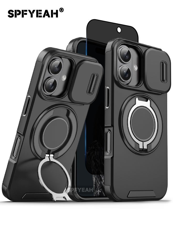 SPFYEAH [2-in-1] iPhone 17 Case with Privacy Screen Protector, Slide Camera Cover, Built-in 360° Rotate Round Ring Kickstand, Heavy Duty Shockproof Back Cover for iPhone 17 6.3 inch (Black, 1+1 Pack) - Image 1