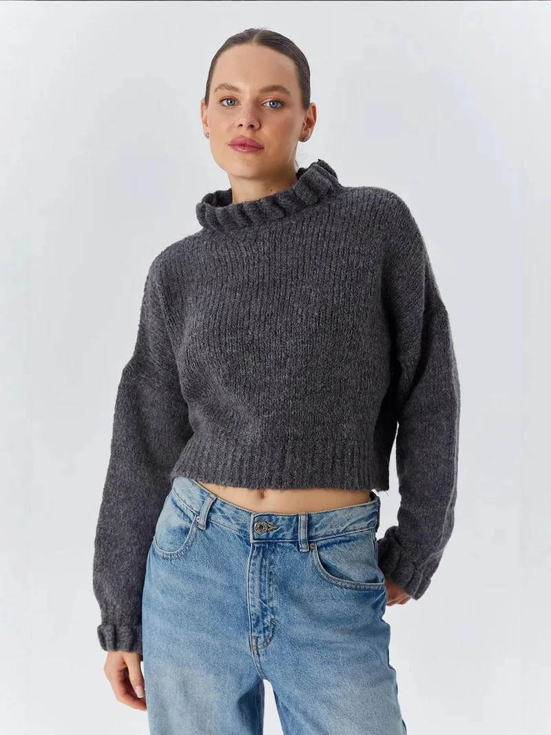 MixRay Mixray Thick Turtleneck Textured Crop Sweater