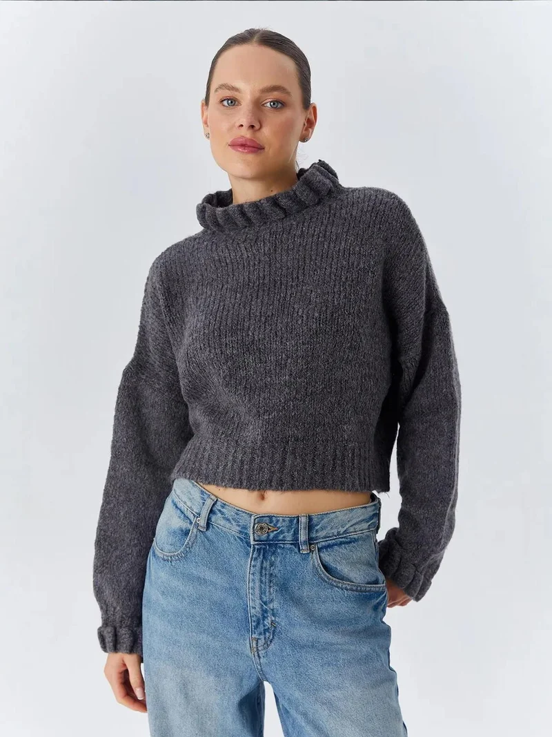 MixRay Mixray Thick Turtleneck Textured Crop Sweater