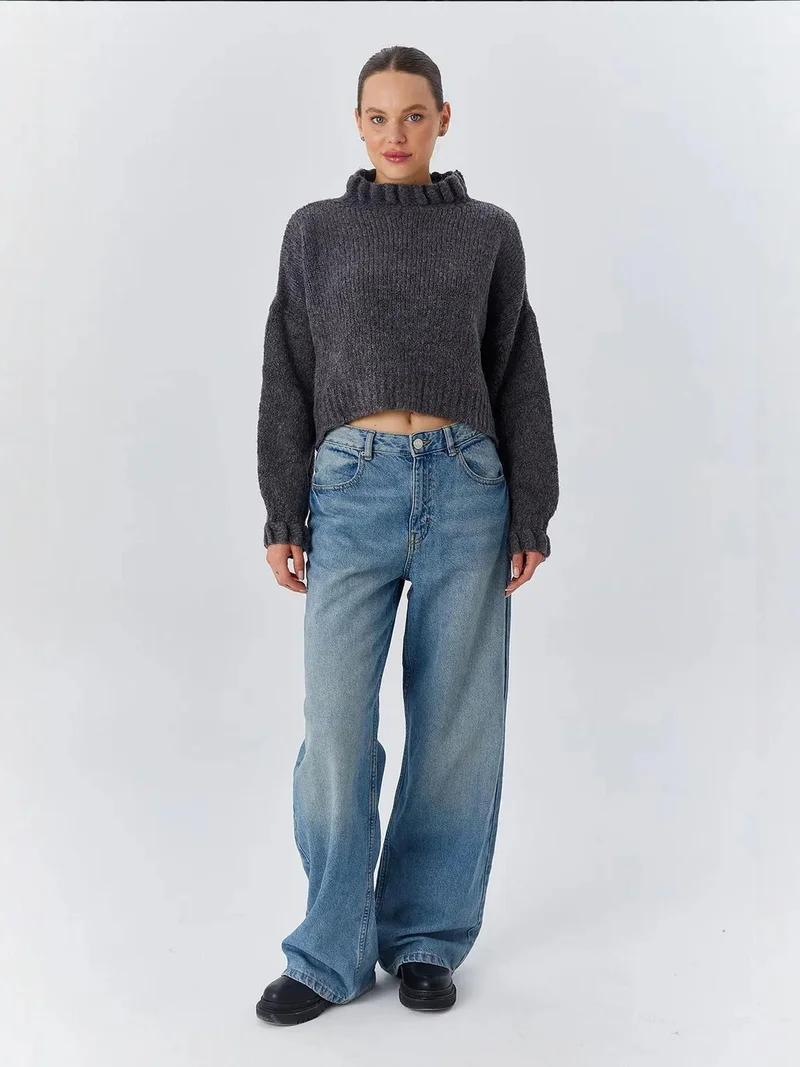 Mixray Dark Grey Mixray Thick Turtleneck Textured Crop Sweater for Women | Best Price UAE