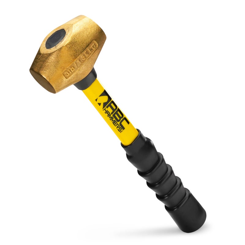 ABC HAMMERS Brass Hammer - 3 lb. USA Made Non-Sparking Hammer with 12" Fiberglass Handle & Double Faced Head - ABC3BFB