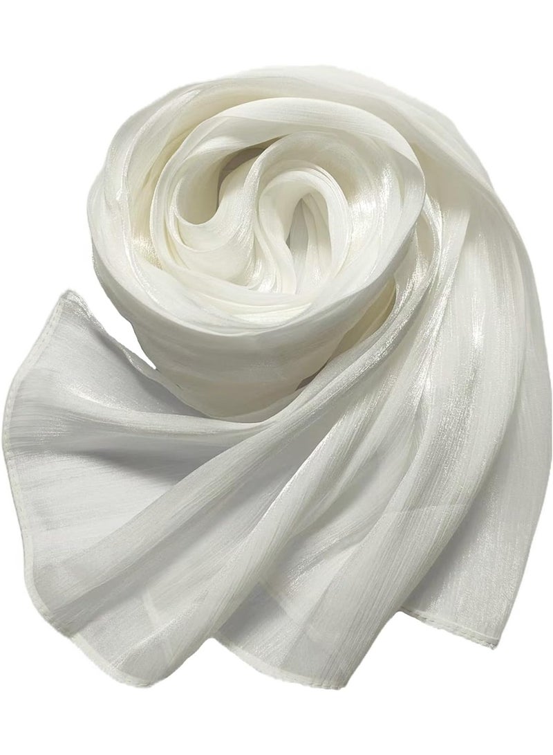 Pure White Shiny Chiffon Hijab Scarf 180*70cm, Women Elegant Lightweight Wedding Shawl Wrap Cape - Image 1