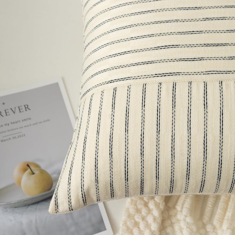 K KEVIN TEXTILE Kevin Textile Beige and Black Patchwork Farmhouse Throw Pillow Covers 12 x 20 Inch  Pack of 2 Striped Linen Decorative Pillow Case for Sofa Couch Chair Bedroom Modern Decor  - Image 2