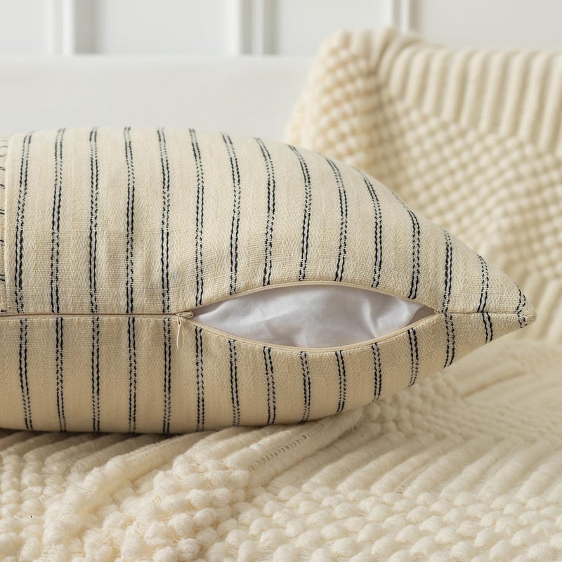 K KEVIN TEXTILE Kevin Textile Beige and Black Patchwork Farmhouse Throw Pillow Covers 12 x 20 Inch  Pack of 2 Striped Linen Decorative Pillow Case for Sofa Couch Chair Bedroom Modern Decor  - Image 3
