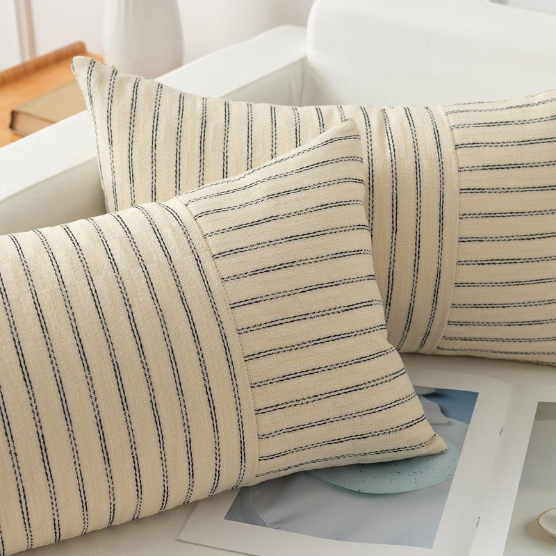 K KEVIN TEXTILE Kevin Textile Beige and Black Patchwork Farmhouse Throw Pillow Covers 12 x 20 Inch  Pack of 2 Striped Linen Decorative Pillow Case for Sofa Couch Chair Bedroom Modern Decor  - Image 4