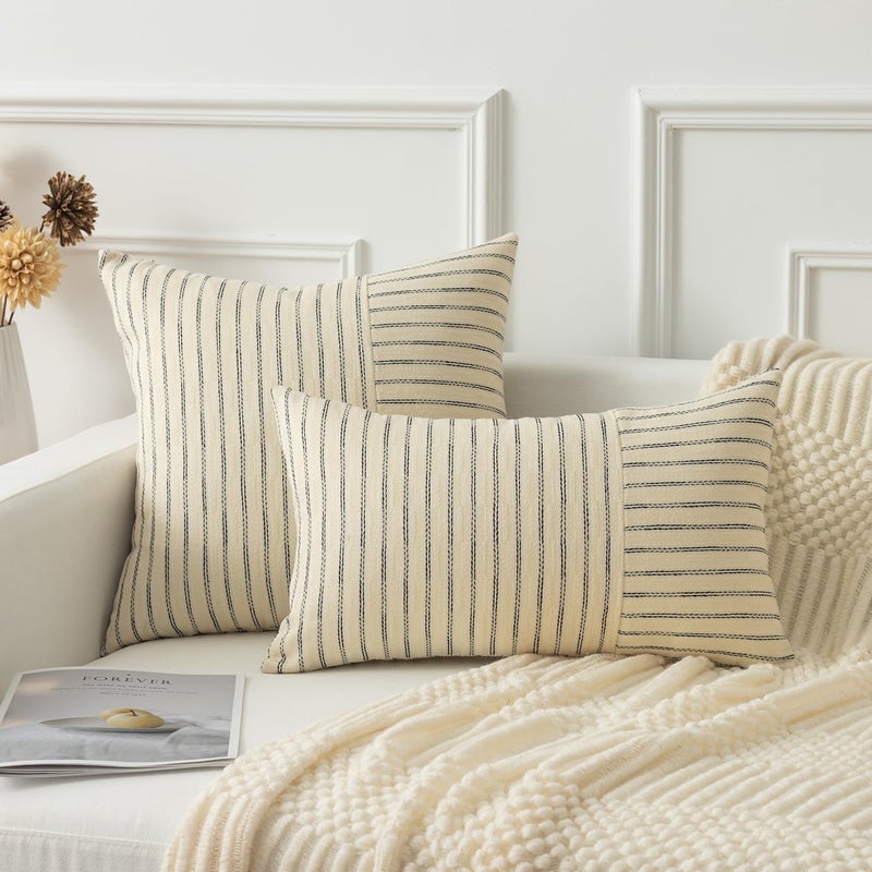 K KEVIN TEXTILE Kevin Textile Beige and Black Patchwork Farmhouse Throw Pillow Covers 12 x 20 Inch  Pack of 2 Striped Linen Decorative Pillow Case for Sofa Couch Chair Bedroom Modern Decor  - Image 5