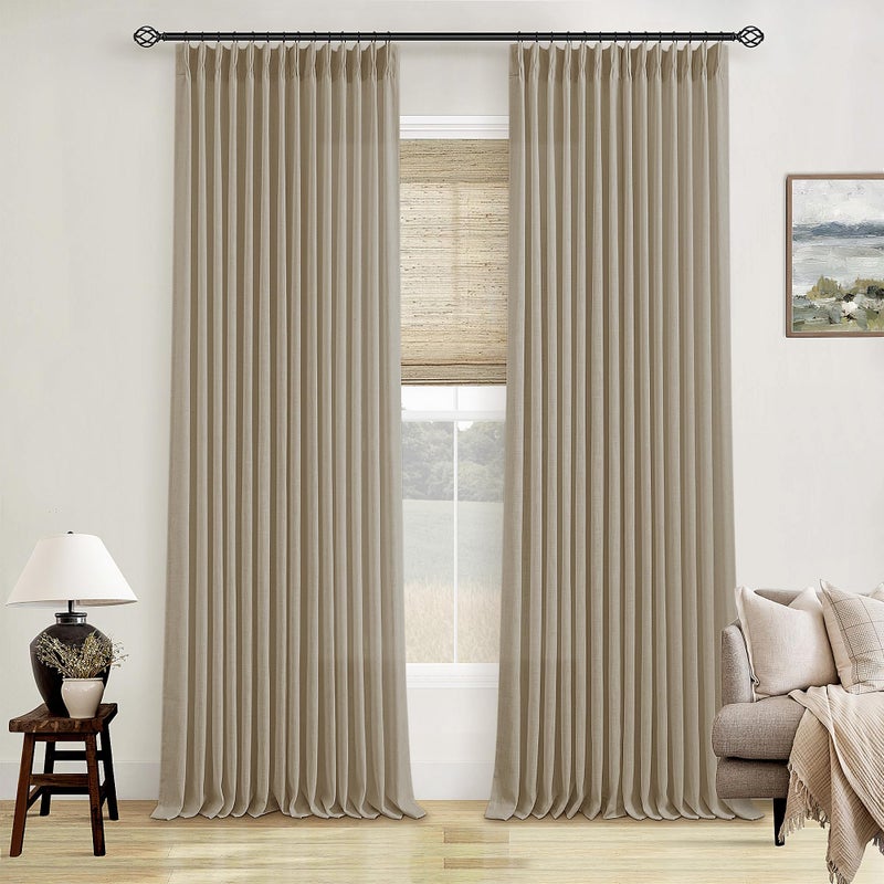 TWODRAPES Neutral Pinch Pleated 96 Inch Curtains 2 Panels Set for Windows Flax Linen Textured Drapes Pinch Pleat Back Tab Privacy Light Filtering Greige Curtain Drape with Hooks Rings for Living Room Bedroom - Image 1