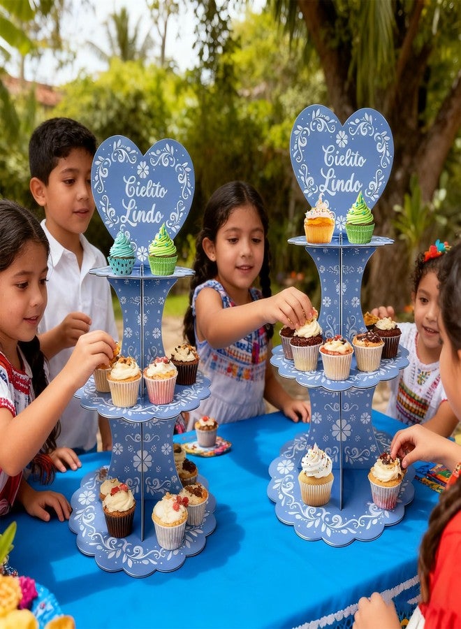 Stuffygreenus 2 Pcs Cielito Lindo Party Decorations Blue Mexican Terracotta Cupcake Stand 3 Tier Mexican Papel Picado Cupcake Dessert Tower Holder for Cinco De Mayo Wedding Baby Shower Birthday Fiesta Table Decor - Image 4