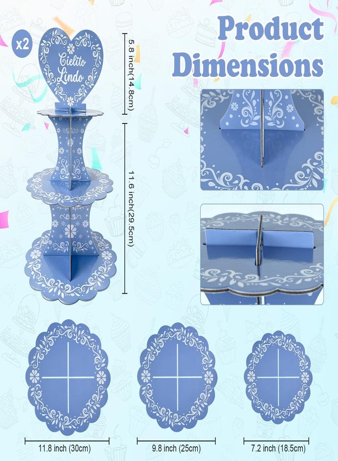 Stuffygreenus 2 Pcs Cielito Lindo Party Decorations Blue Mexican Terracotta Cupcake Stand 3 Tier Mexican Papel Picado Cupcake Dessert Tower Holder for Cinco De Mayo Wedding Baby Shower Birthday Fiesta Table Decor - Image 2