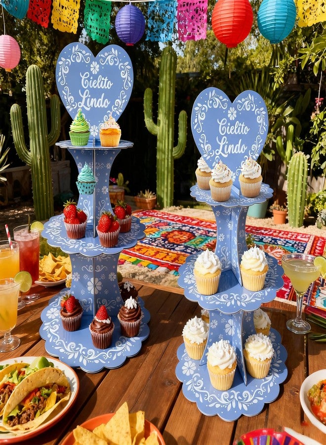 Stuffygreenus 2 Pcs Cielito Lindo Party Decorations Blue Mexican Terracotta Cupcake Stand 3 Tier Mexican Papel Picado Cupcake Dessert Tower Holder for Cinco De Mayo Wedding Baby Shower Birthday Fiesta Table Decor - Image 5