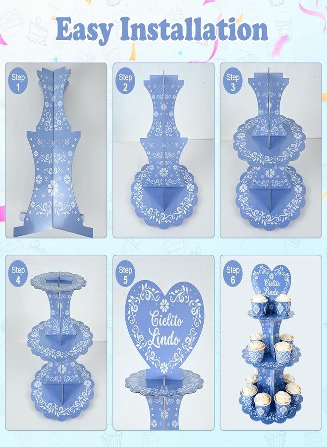 Stuffygreenus 2 Pcs Cielito Lindo Party Decorations Blue Mexican Terracotta Cupcake Stand 3 Tier Mexican Papel Picado Cupcake Dessert Tower Holder for Cinco De Mayo Wedding Baby Shower Birthday Fiesta Table Decor - Image 3