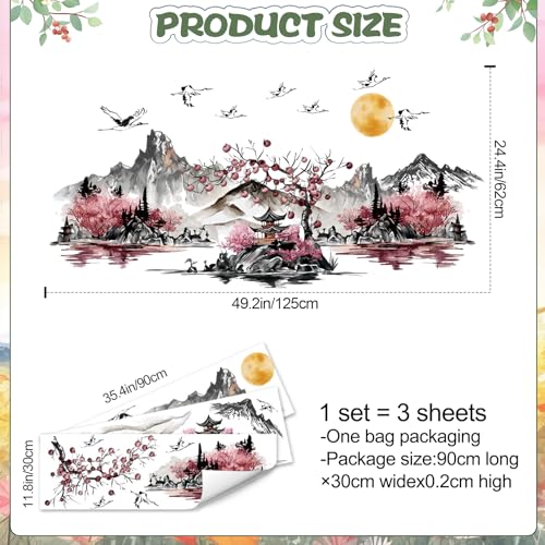 DTLIFEK Large Chinese Style Splash Ink Landscape Painting Wall Decals Pink Cherry Blossom Wall Stickers Nature Mountain Landscapes Wall Art Removable White Crane Peel and Stick Wallpaper for Kids Room Decor - Image 3
