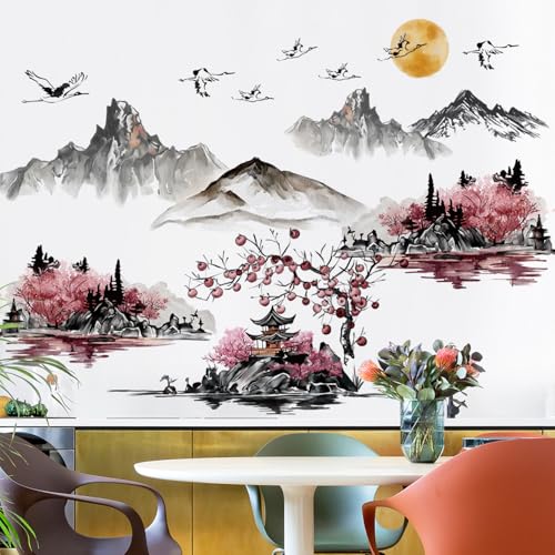 DTLIFEK Large Chinese Style Splash Ink Landscape Painting Wall Decals Pink Cherry Blossom Wall Stickers Nature Mountain Landscapes Wall Art Removable White Crane Peel and Stick Wallpaper for Kids Room Decor - Image 1