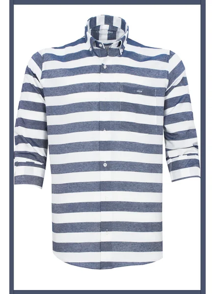 فاريتا Men's Navy Blue Striped Panel Pattern Long Sleeve Button Down Collar Classic Cut Shirt