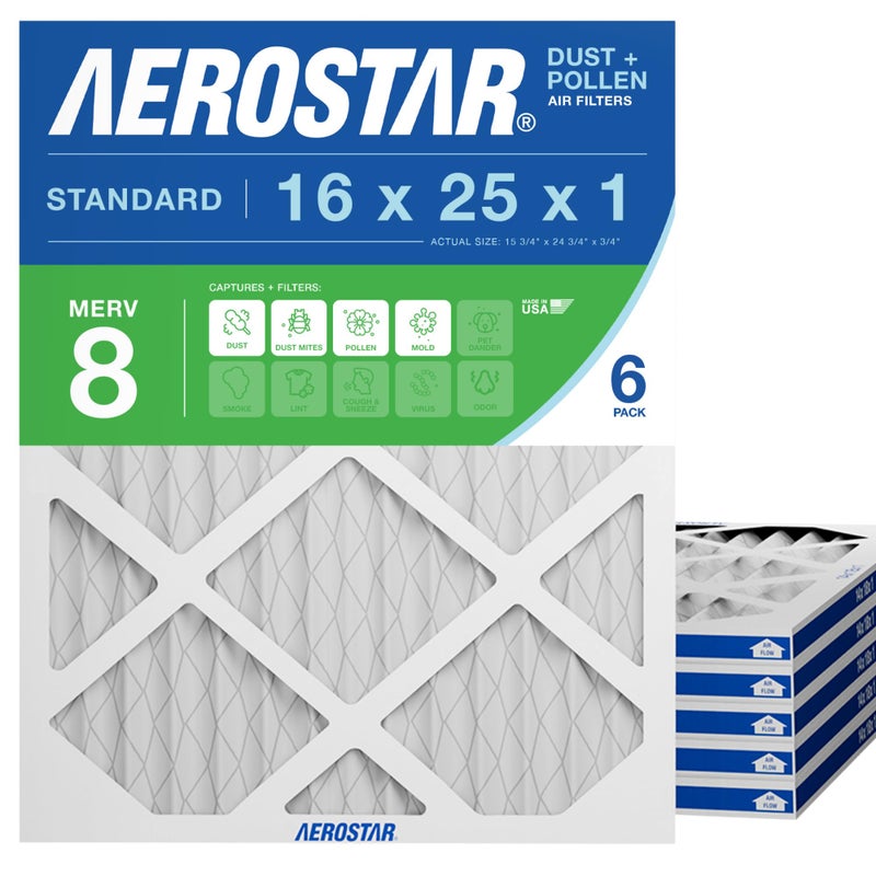 Aerostar 16x25x1 MERV 8 Air Filter, 6 Count, ACTUAL SIZE (15.75 x 24.75 x 0.75), HVAC, Air Conditioning & Furnace Filter Captures Dust, Lint & Pollen (MPR 600 / FPR 5), Made in USA - Image 1