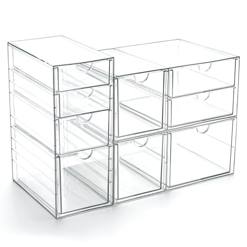 Prsildan Acrylic Drawer Makeup Organizer with 9 Drawers, Set of 3 Office Desk Organizers Accessories, Clear Stackable Storage Drawers for Vanity, Countertop, Craft, Jewelry, Art Supply Organization - Image 1