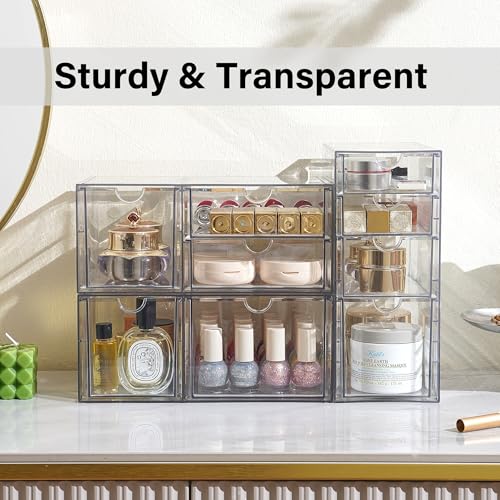 Prsildan Acrylic Drawer Makeup Organizer with 9 Drawers, Set of 3 Office Desk Organizers Accessories, Clear Stackable Storage Drawers for Vanity, Countertop, Craft, Jewelry, Art Supply Organization - Image 4