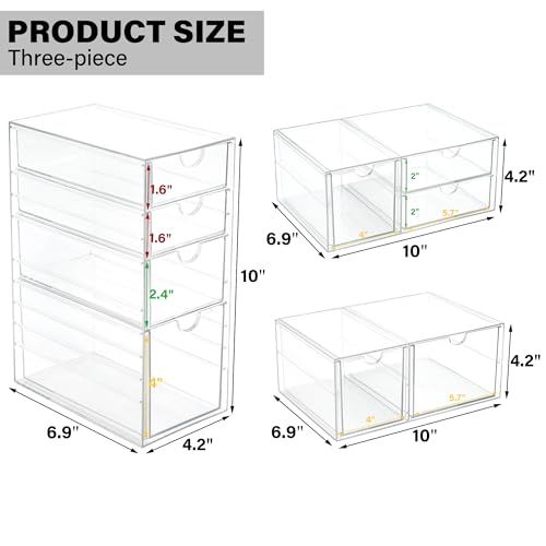 Prsildan Acrylic Drawer Makeup Organizer with 9 Drawers, Set of 3 Office Desk Organizers Accessories, Clear Stackable Storage Drawers for Vanity, Countertop, Craft, Jewelry, Art Supply Organization - Image 3