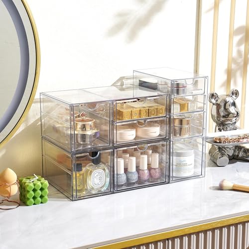 Prsildan Acrylic Drawer Makeup Organizer with 9 Drawers, Set of 3 Office Desk Organizers Accessories, Clear Stackable Storage Drawers for Vanity, Countertop, Craft, Jewelry, Art Supply Organization - Image 2