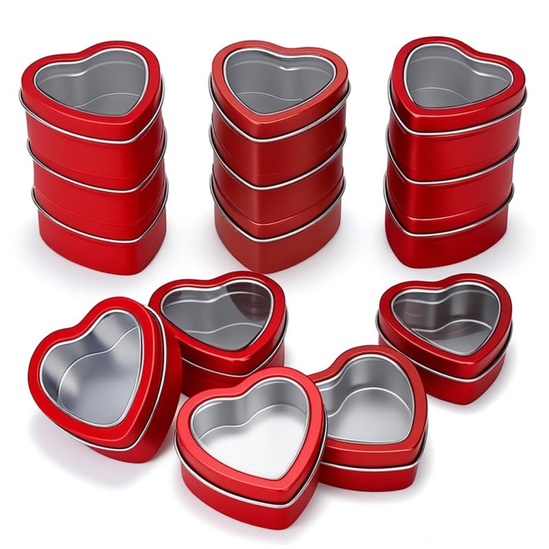 Goodma 14-Pack 2oz Empty Heart Shaped Metal Tins with Clear Window for Candle Making, Candies, Gifts & Treasures (Red) - Image 1