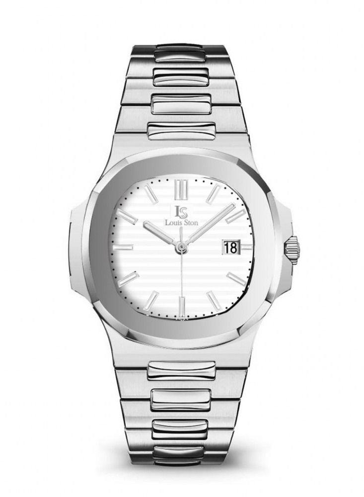 Louis Ston Men's wrist watch, waterproof and of high quality, silver color with a white dial