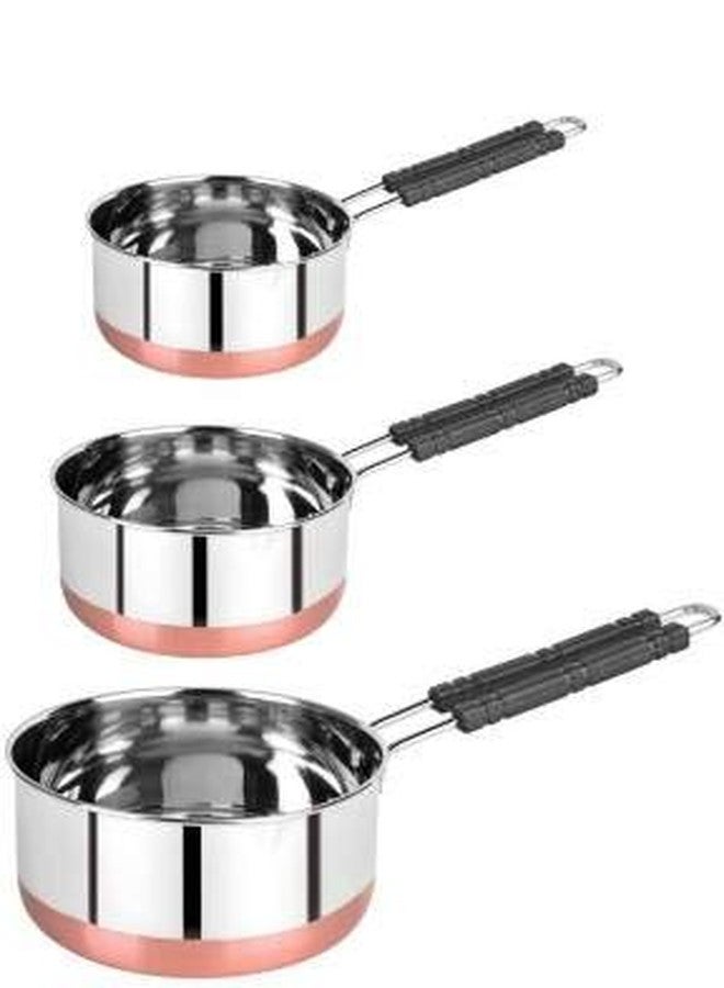 Ymbryne Stainless Steel Copper Bottom Sauce Pan/Milk PAN/Tea PAN/Tapeli/Patila/Bhagona 3 pcs Combo Set Capacity:- 1, 1.5, 2 Liter Sauce Pan 15.5 cm, 17 cm, 18.5 cm Diameter (Stainless Steel) - Image 1