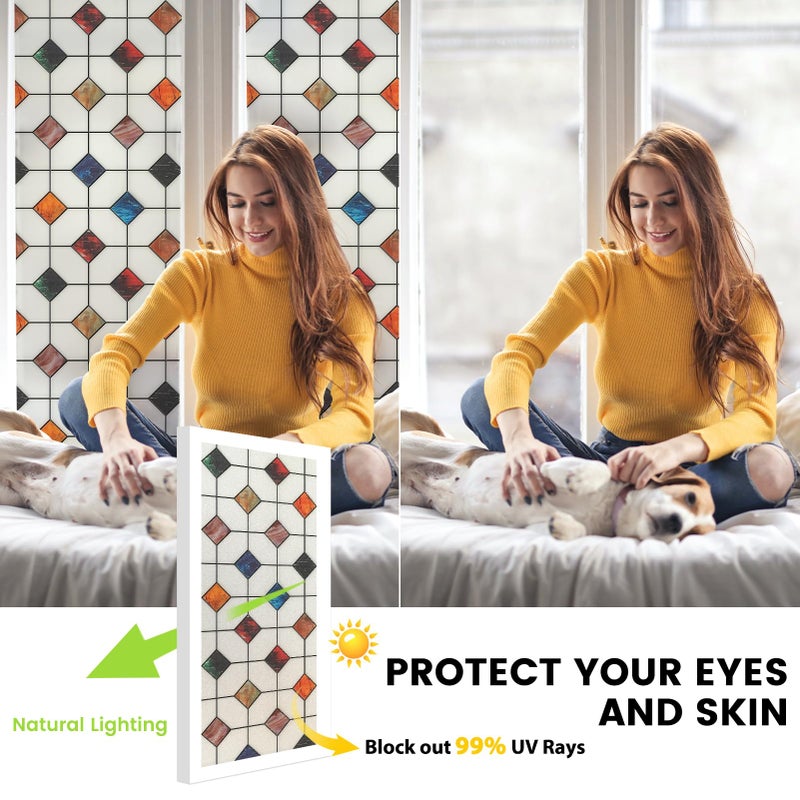 DKTIE Stained Glass Window Film Geometric Patterns, Fine Frosted Window Clings for Glass Windows, Waterproof for Bathroom Window Privacy Film Day and Night (S533, 17.7in X 118.1in) - Image 3