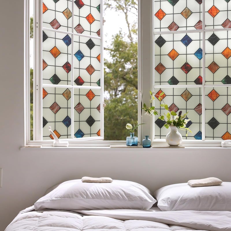 DKTIE Stained Glass Window Film Geometric Patterns, Fine Frosted Window Clings for Glass Windows, Waterproof for Bathroom Window Privacy Film Day and Night (S533, 17.7in X 118.1in) - Image 4