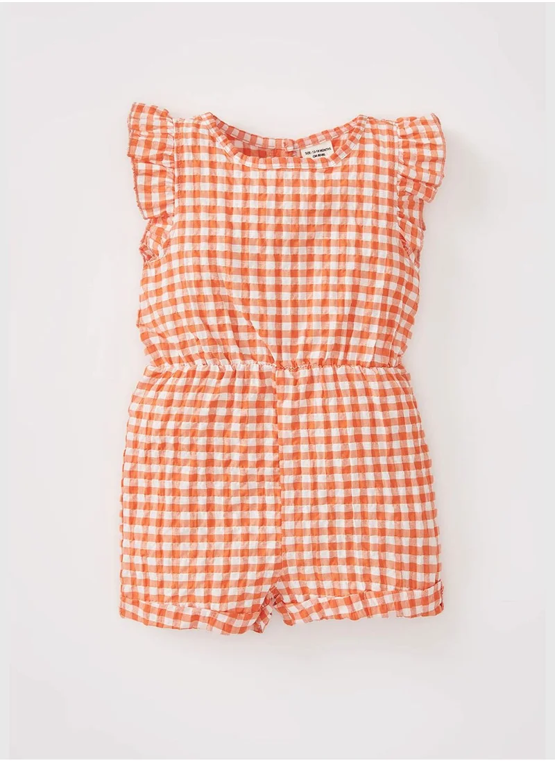 DeFacto Short Sleeve Frill Detail Check Print Dungarees