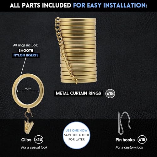 BlastHome® Luxury Curtain Rings – Premium Metal with Quiet, Smooth Nylon Inserts – Pinhooks and Clips Included – 1 1/2" Inside Diameter – 18 Rings for Two Standard Curtains – Brushed Gold - Image 4