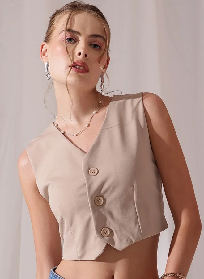 STREET 9 Beige Woven V-Neck Waistcoat for Women