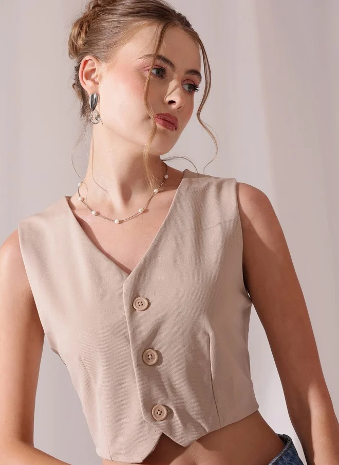 STREET 9 Beige Woven V-Neck Waistcoat for Women