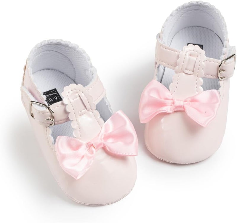 Meckior Infant Baby Girls Soft Sole Bowknot Princess Wedding Dress Mary Jane Flats Shoes - H20/Pink, 0-6 Months - Image 1