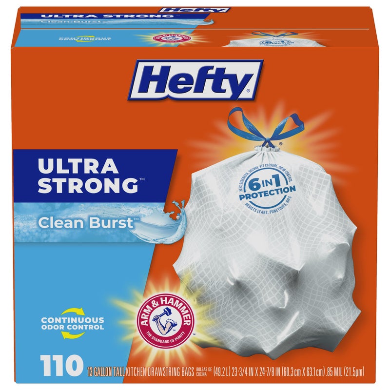 Hefty Ultra Strong 13 Gallon Trash Bags, Tall Kitchen Trash Bags 13 Gallon Size, Drawstring Closure, Continuous Odor Control, White, Clean Burst Scent, 110 Bags - Image 1