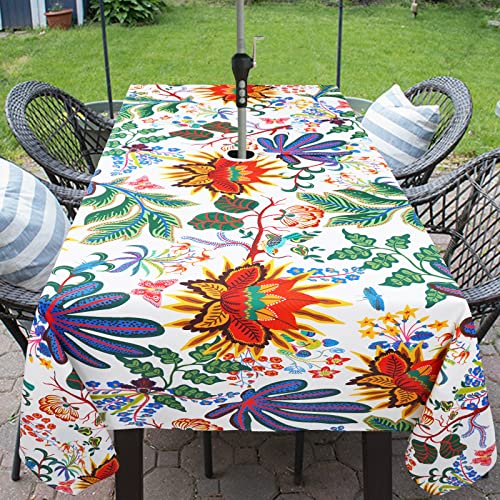 bnhjsdw Outdoor Tablecloth with Umbrella Hole for Rectangle Table, Waterproof Flowers Patio Table Cloth with Zipper - 60 x 84 inches - Image 2