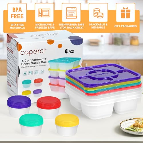 Caperci Original Bento Snack Box Containers for Kids & Adults - Lunchable Food Containers 5 Compartments with 4 Leakproof Small Containers, BPA-Free, Set of 4 (Brights) - Image 4