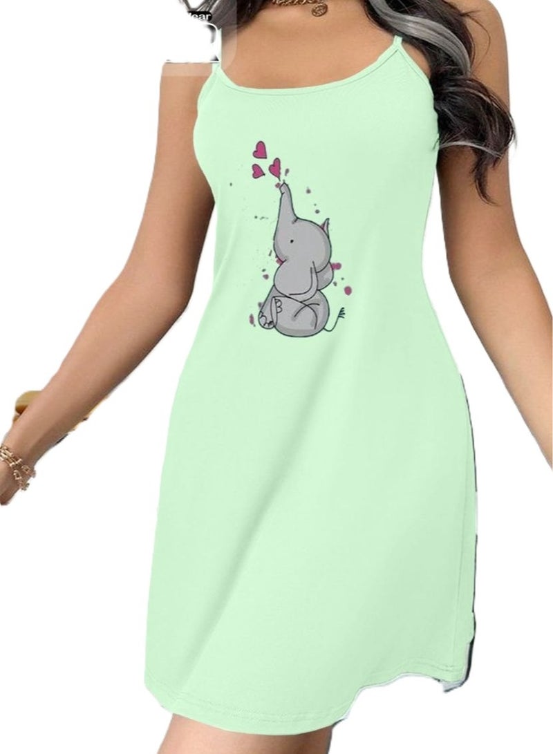 Women's Casual Spaghetti Strap Nightdress with Cute Elephant Print - Light Mint Green