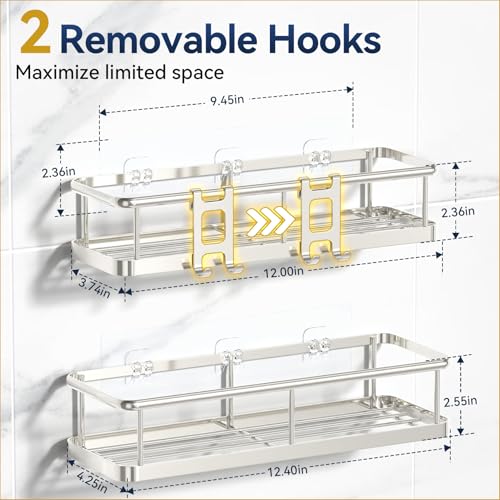 YASONIC Shower Caddy Adhesive No Drill Bathroom Shower Organizers with Removable Hooks Rust Proof Shower Shelves WallMounted Shower Holder 2 Pack Silver - Image 3