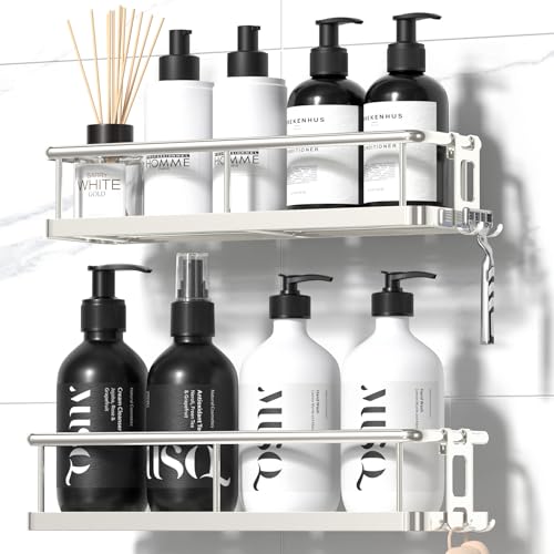 YASONIC Shower Caddy Adhesive No Drill Bathroom Shower Organizers with Removable Hooks Rust Proof Shower Shelves WallMounted Shower Holder 2 Pack Silver - Image 1