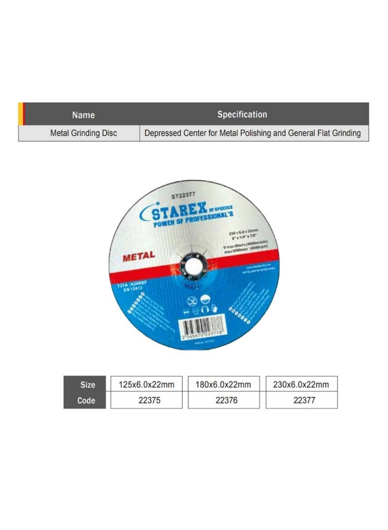 Starex Metal Grinding Disc 125x6.0x22mm Depressed Center ST22375