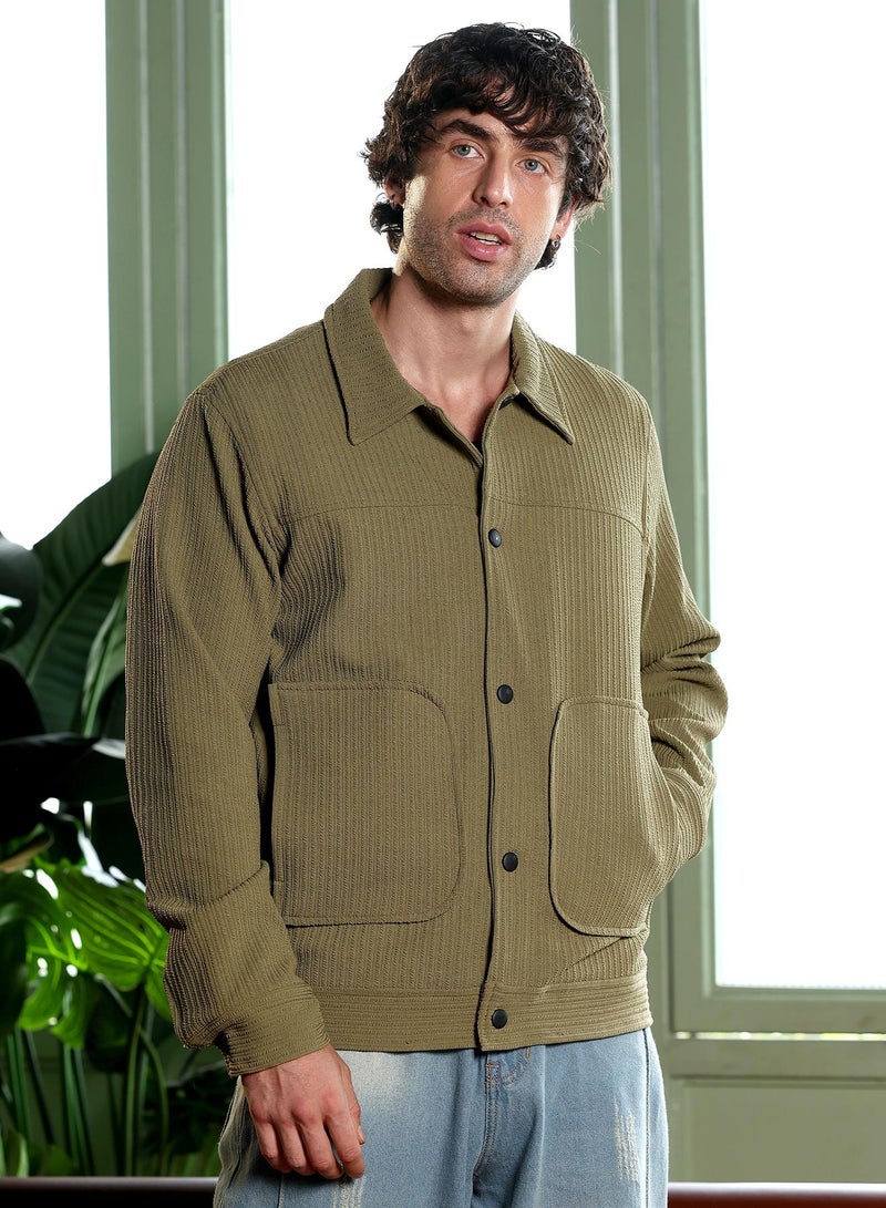 CAHOOT Men's Olive Green Crease-Tactile Panelled Jacket - Image 3