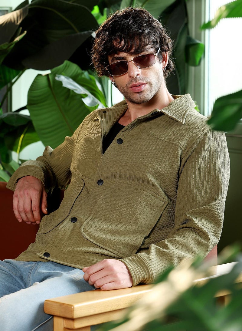 CAHOOT Men's Olive Green Crease-Tactile Panelled Jacket - Image 1