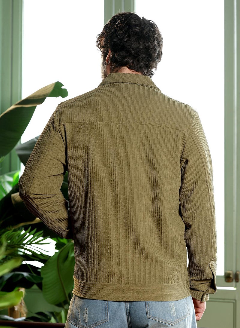 CAHOOT Men's Olive Green Crease-Tactile Panelled Jacket - Image 5