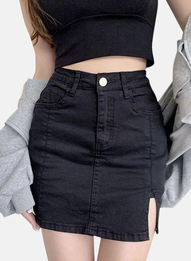 YUNIQEE Black Solid Straight Mini Denim Skirts