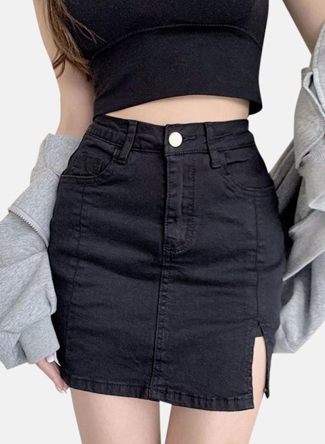 YUNIQEE Black Solid Straight Mini Denim Skirts - Image 3