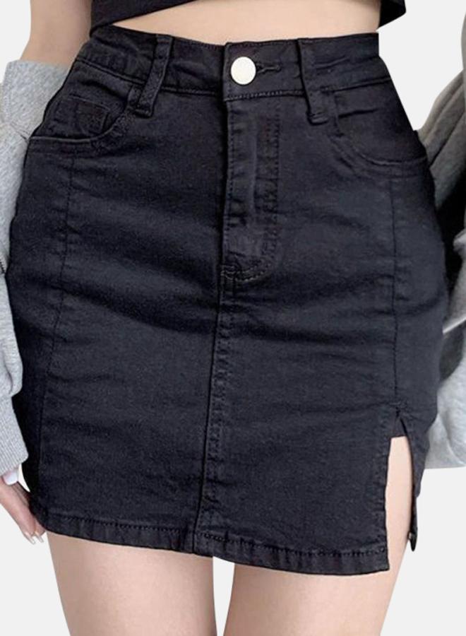 YUNIQEE Black Solid Straight Mini Denim Skirts - Image 2