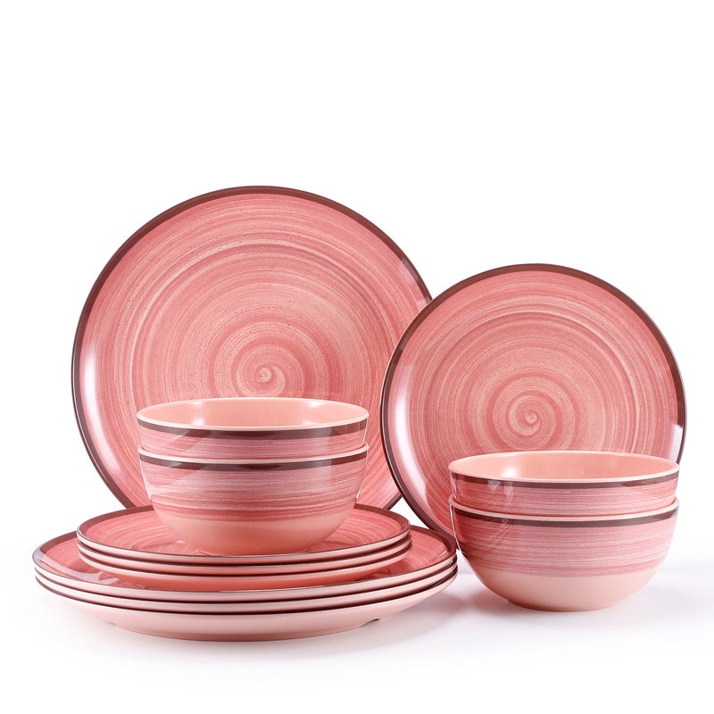 12Pcs Melamine Dinnerware Set Plates And Bowls Sets for 4 Pink Color Dinnerware Sets Melamine Plates Bowls Indoor and Outdoor Use Dish Set Dishwasher Safe BPA FreePink
