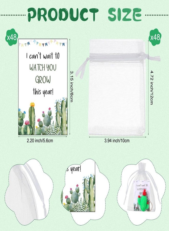Tondiamo 48 Set First Day of School Year Party Favor Cute Cactus Keychains Motivational Keychains with Inspirational Cards and Organza Bag for Back to School Gifts for Student Cactus Party Favors - Image 3